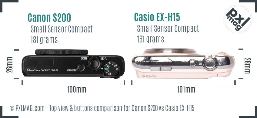 Canon S200 vs Casio EX-H15 top view buttons comparison