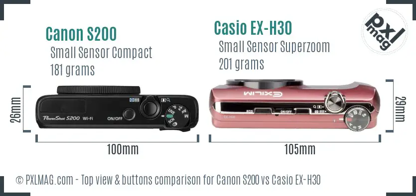 Canon S200 vs Casio EX-H30 top view buttons comparison