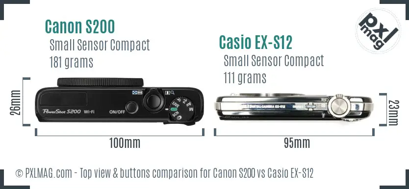 Canon S200 vs Casio EX-S12 top view buttons comparison Canon S200 vs Casio EX-S12 top view buttons comparison