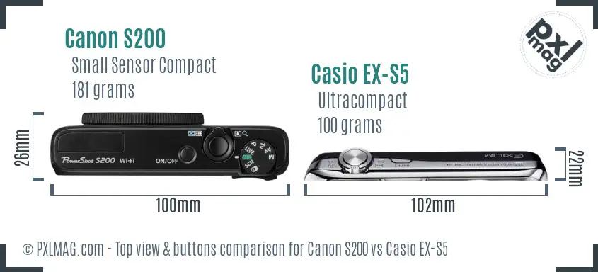 Canon S200 vs Casio EX-S5 top view buttons comparison