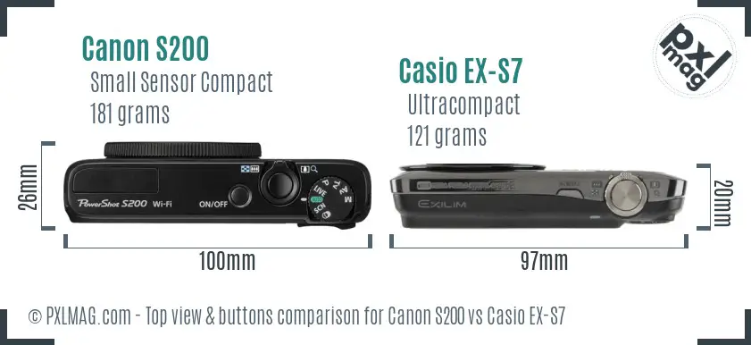 Canon S200 vs Casio EX-S7 top view buttons comparison