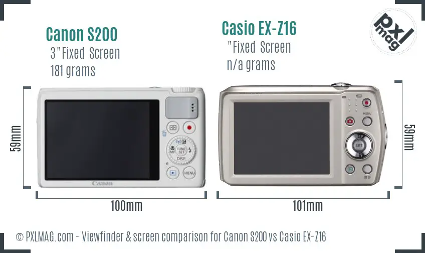 Canon S200 vs Casio EX-Z16 Screen and Viewfinder comparison