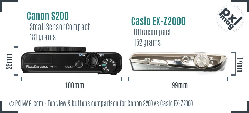 Canon S200 vs Casio EX-Z2000 top view buttons comparison