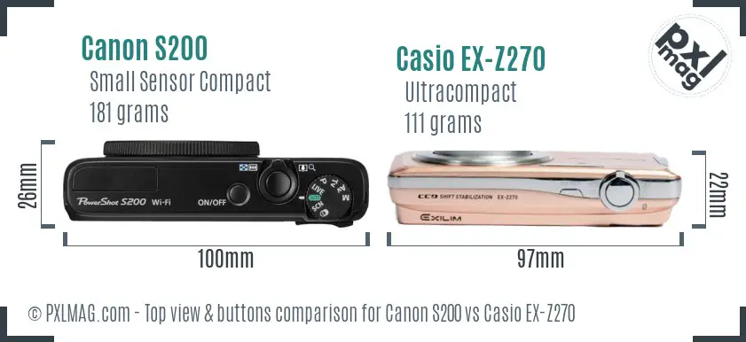 Canon S200 vs Casio EX-Z270 top view buttons comparison