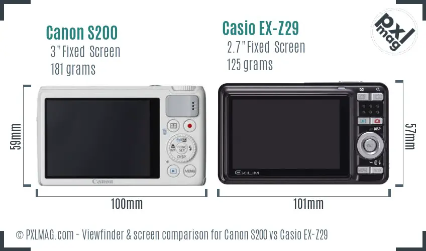 Canon S200 vs Casio EX-Z29 Screen and Viewfinder comparison