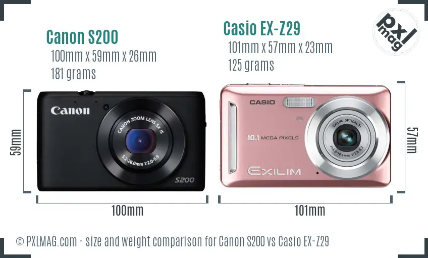 Canon S200 vs Casio EX-Z29 size comparison