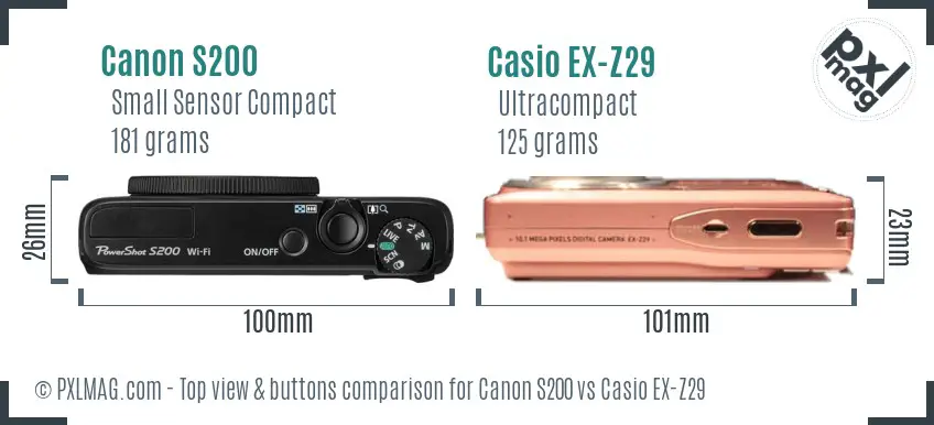 Canon S200 vs Casio EX-Z29 top view buttons comparison