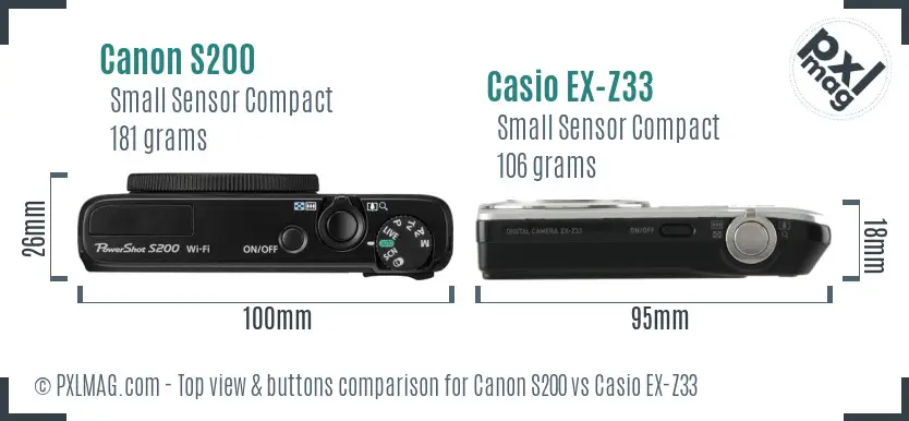 Canon S200 vs Casio EX-Z33 top view buttons comparison