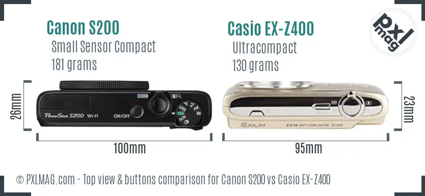 Canon S200 vs Casio EX-Z400 top view buttons comparison
