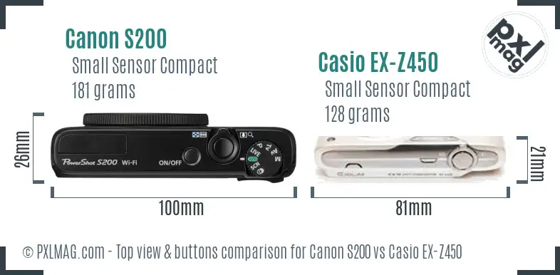Canon S200 vs Casio EX-Z450 top view buttons comparison