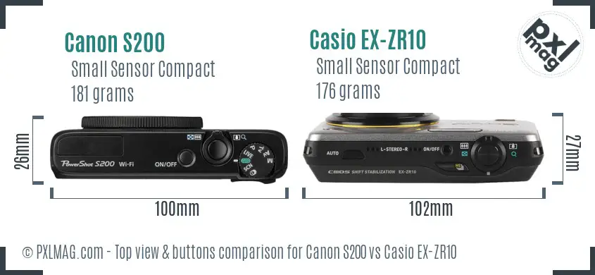 Canon S200 vs Casio EX-ZR10 top view buttons comparison Canon S200 vs Casio EX-ZR10 top view buttons comparison