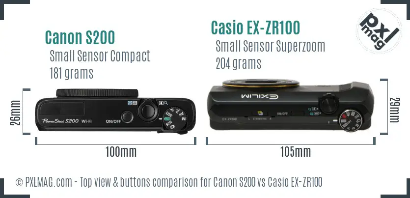 Canon S200 vs Casio EX-ZR100 top view buttons comparison