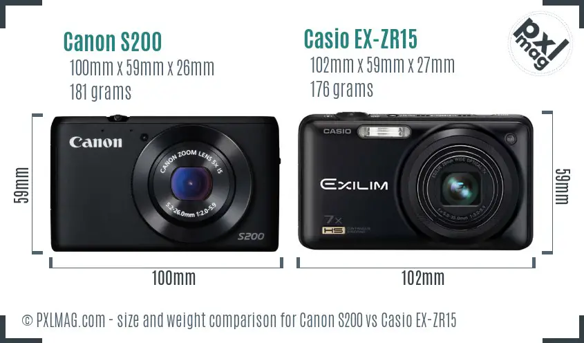 Canon S200 vs Casio EX-ZR15 size comparison