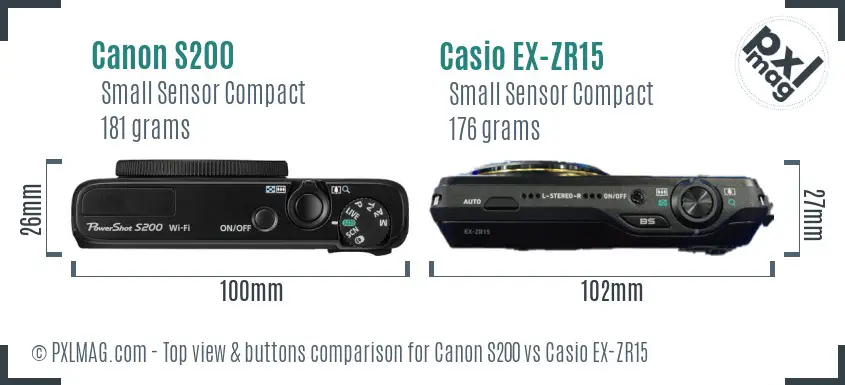 Canon S200 vs Casio EX-ZR15 top view buttons comparison