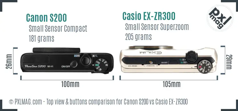 Canon S200 vs Casio EX-ZR300 top view buttons comparison