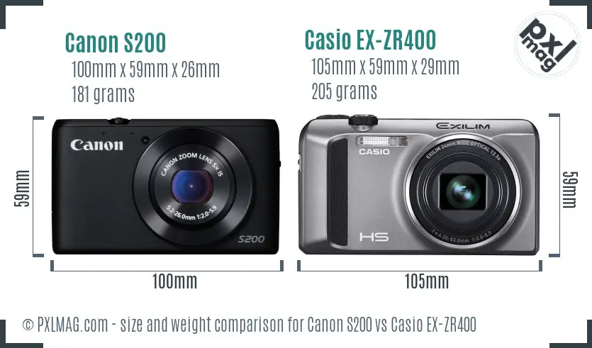 Canon S200 vs Casio EX-ZR400 size comparison