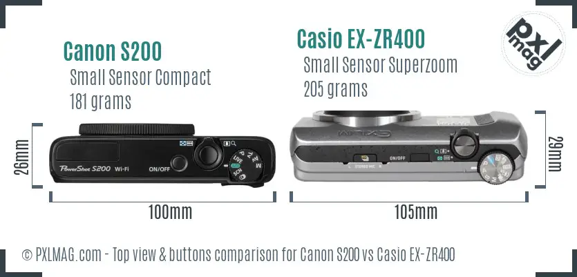 Canon S200 vs Casio EX-ZR400 top view buttons comparison