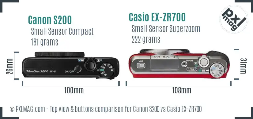 Canon S200 vs Casio EX-ZR700 top view buttons comparison