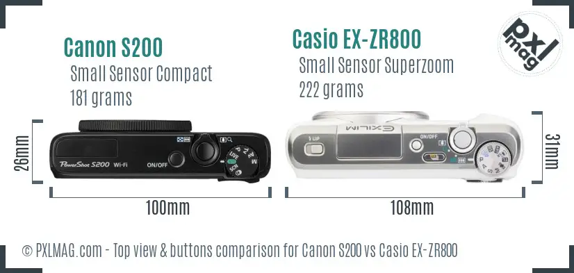 Canon S200 vs Casio EX-ZR800 top view buttons comparison