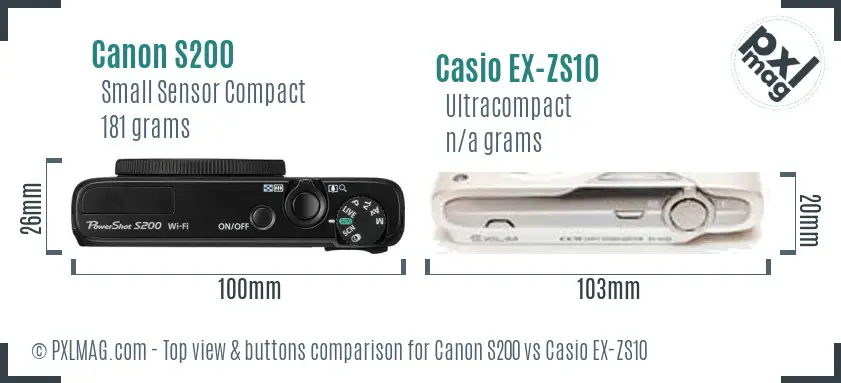 Canon S200 vs Casio EX-ZS10 top view buttons comparison