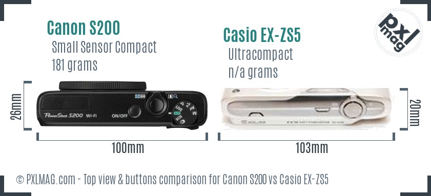 Canon S200 vs Casio EX-ZS5 top view buttons comparison