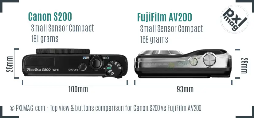 Canon S200 vs FujiFilm AV200 top view buttons comparison