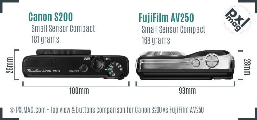 Canon S200 vs FujiFilm AV250 top view buttons comparison
