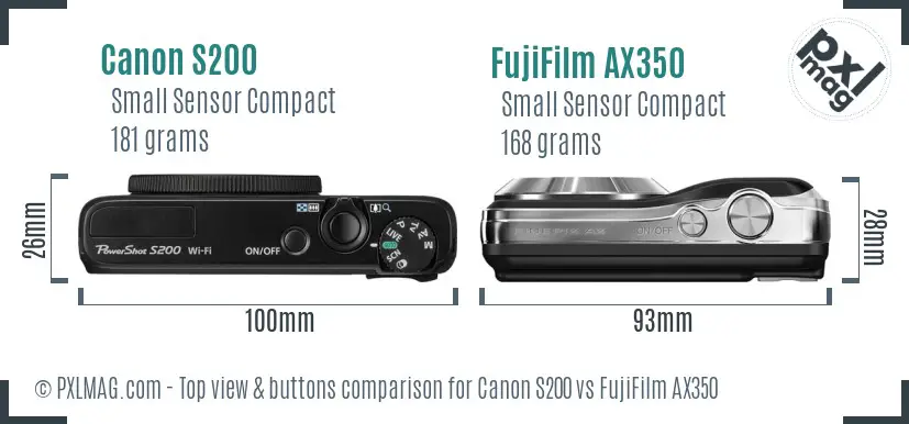 Canon S200 vs FujiFilm AX350 top view buttons comparison