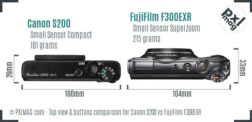 Canon S200 vs FujiFilm F300EXR top view buttons comparison