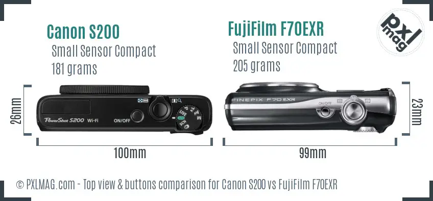 Canon S200 vs FujiFilm F70EXR top view buttons comparison