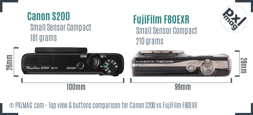 Canon S200 vs FujiFilm F80EXR top view buttons comparison