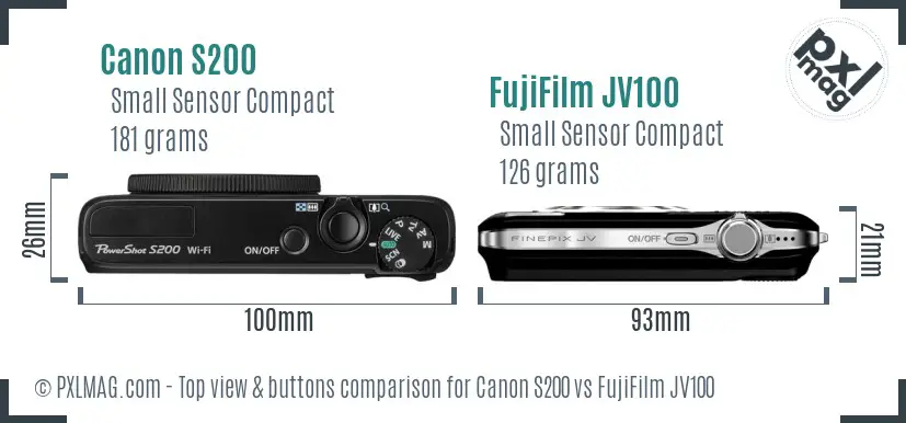 Canon S200 vs FujiFilm JV100 top view buttons comparison Canon S200 vs FujiFilm JV100 top view buttons comparison