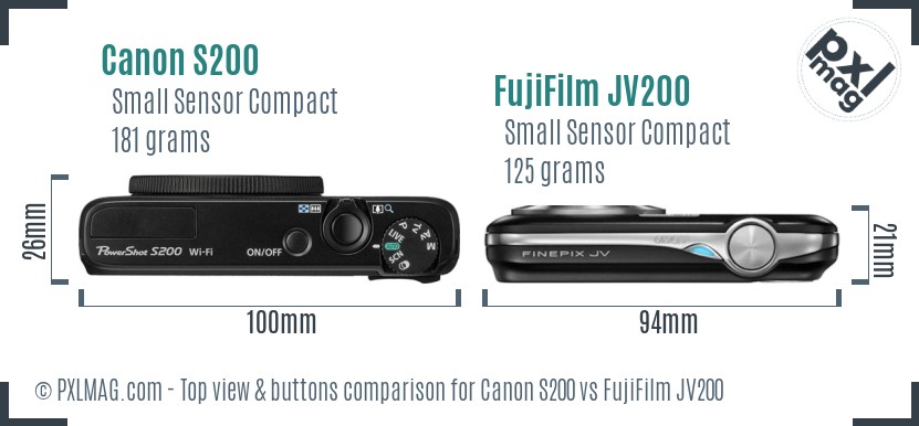 Canon S200 vs FujiFilm JV200 top view buttons comparison