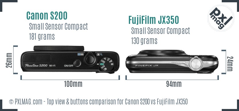 Canon S200 vs FujiFilm JX350 top view buttons comparison