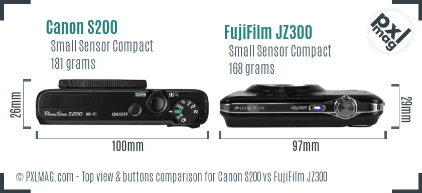 Canon S200 vs FujiFilm JZ300 top view buttons comparison Canon S200 vs FujiFilm JZ300 top view buttons comparison