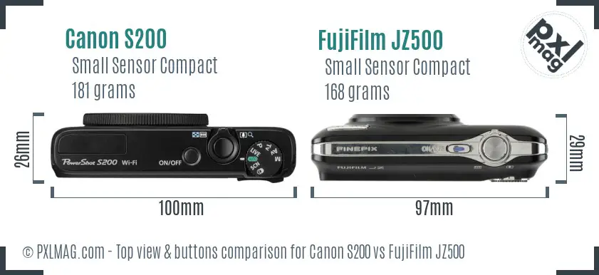 Canon S200 vs FujiFilm JZ500 top view buttons comparison