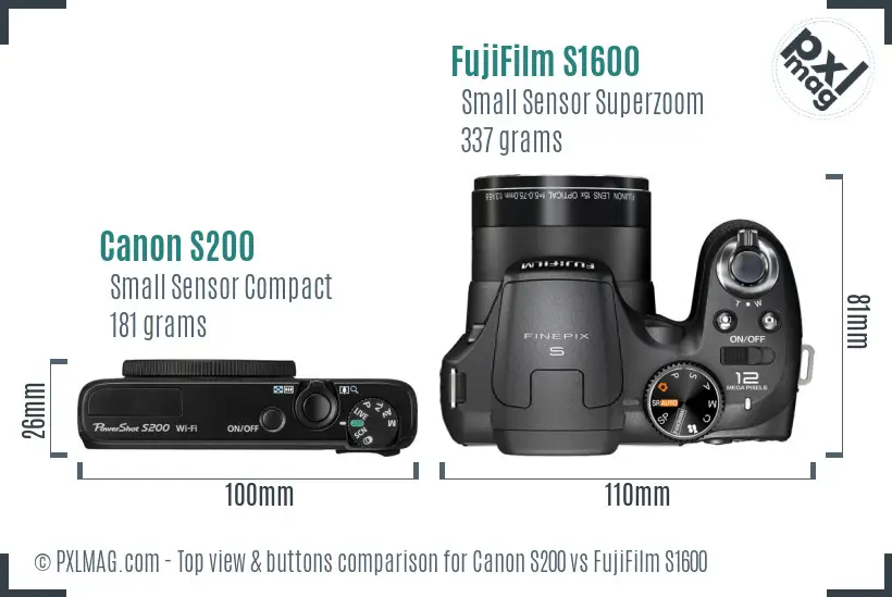 Canon S200 vs FujiFilm S1600 top view buttons comparison