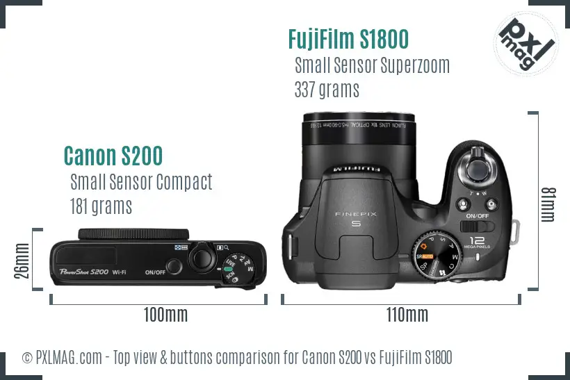 Canon S200 vs FujiFilm S1800 top view buttons comparison