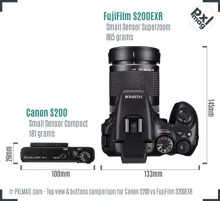 Canon S200 vs FujiFilm S200EXR top view buttons comparison