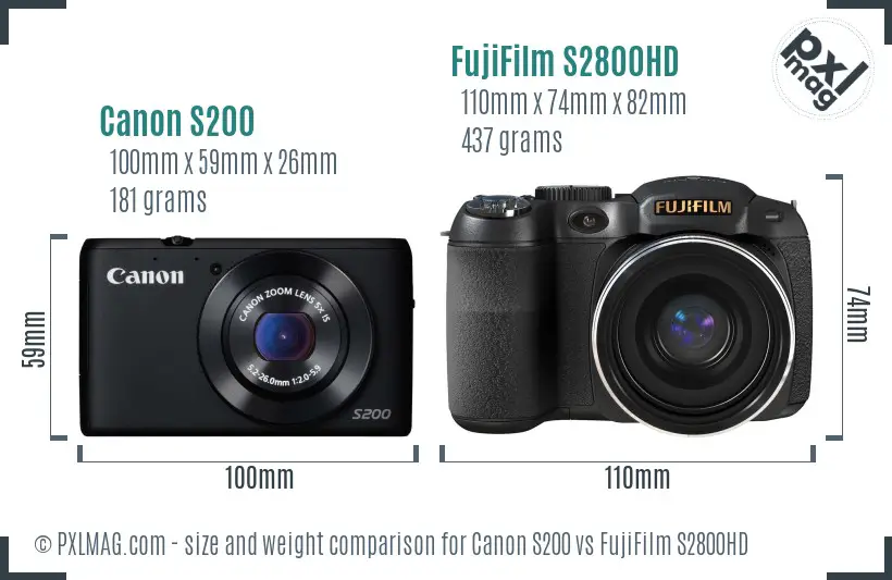 Canon S200 vs FujiFilm S2800HD size comparison