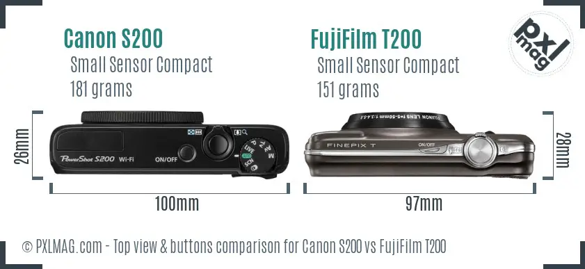 Canon S200 vs FujiFilm T200 top view buttons comparison