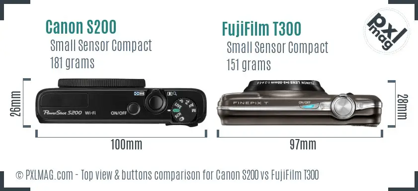 Canon S200 vs FujiFilm T300 top view buttons comparison Canon S200 vs FujiFilm T300 top view buttons comparison