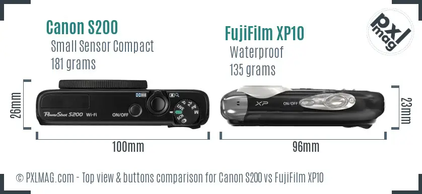 Canon S200 vs FujiFilm XP10 top view buttons comparison Canon S200 vs FujiFilm XP10 top view buttons comparison