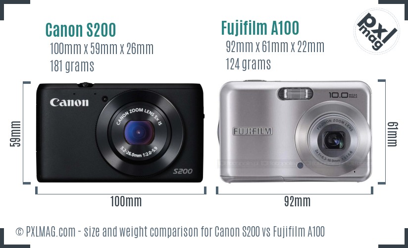 Canon S200 vs Fujifilm A100 size comparison