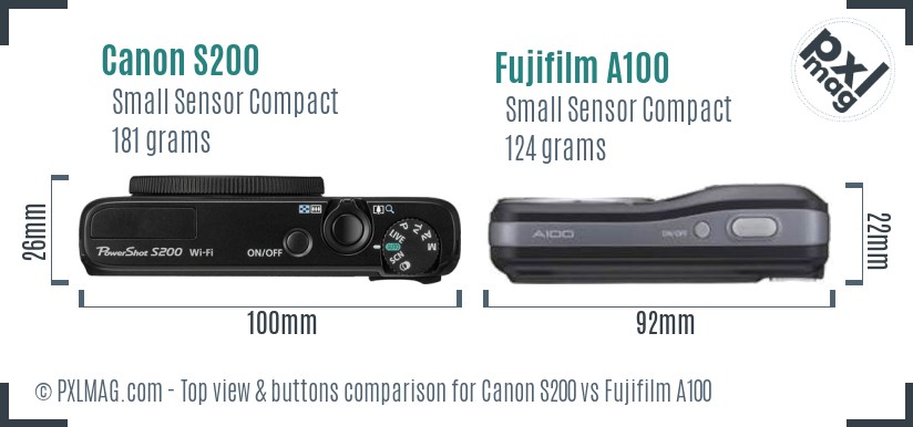 Canon S200 vs Fujifilm A100 top view buttons comparison