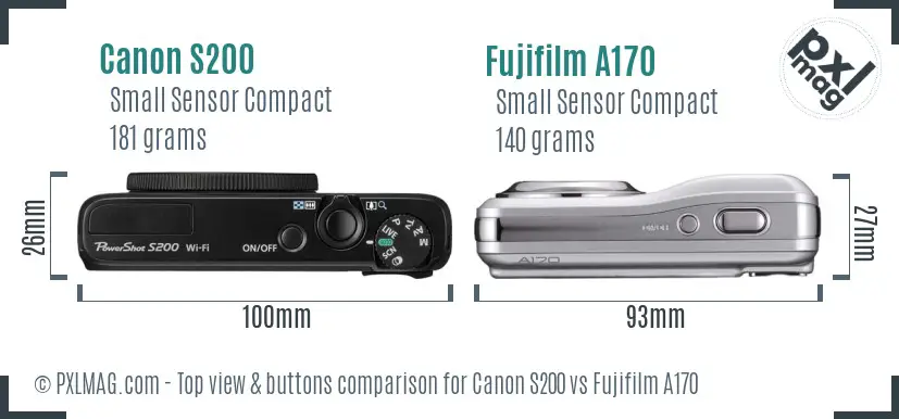 Canon S200 vs Fujifilm A170 top view buttons comparison