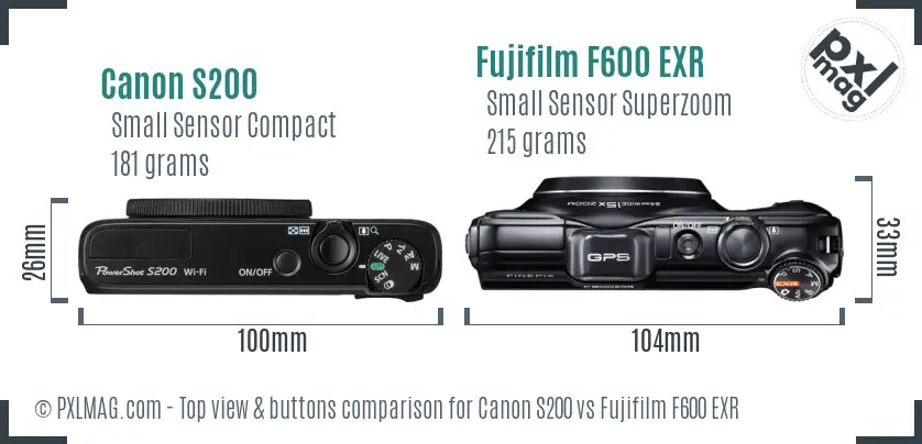 Canon S200 vs Fujifilm F600 EXR top view buttons comparison