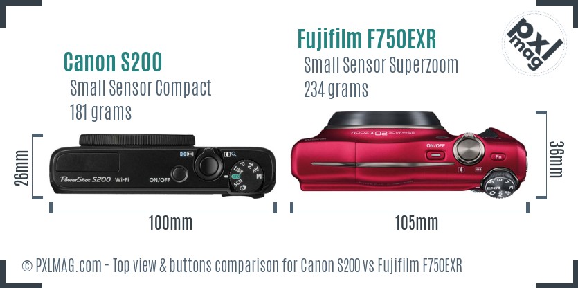 Canon S200 vs Fujifilm F750EXR top view buttons comparison