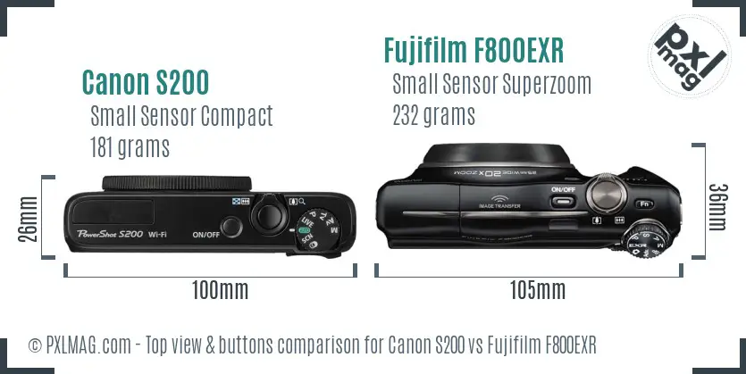 Canon S200 vs Fujifilm F800EXR top view buttons comparison