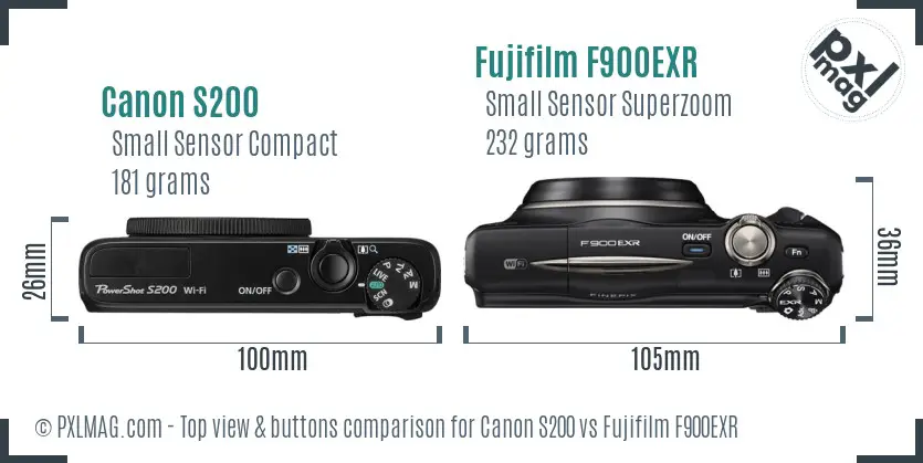 Canon S200 vs Fujifilm F900EXR top view buttons comparison